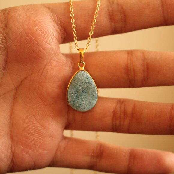 Teardrop Aqua Druzy Stone Necklace – Gold Trim Sparkle Pendant - Picture 2 of 3